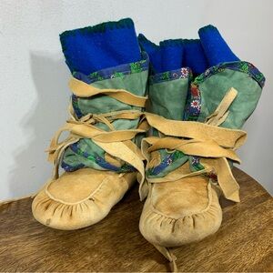 Handcrafted Suede & Fabric Men’s Rain & Snow Boots - Green/Blue/Tan